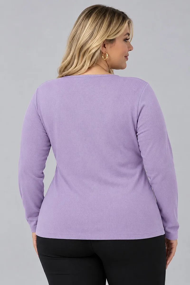 Κρουαζέ Μπλούζα Ριμπ Λιλά  με Χρυσά Κουμπιά Plus Size