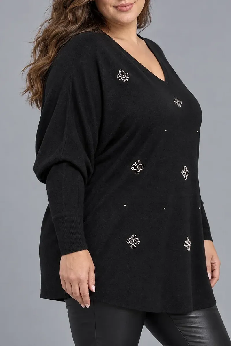 Μαύρη Oversized Πλεκτή Μπλούζα με Στρας και Λαιμόκοψη V