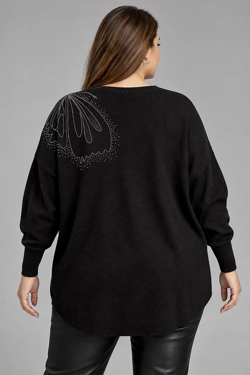 Μαύρη Oversized Πλεκτή Μπλούζα με Στρας στον Ώμο