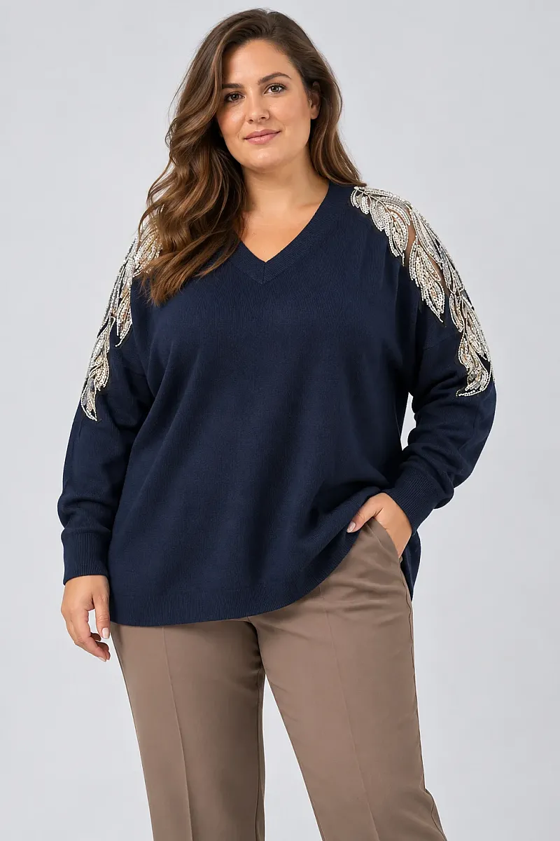 Plus Size Μπλε Πλεκτή Μπλούζα με Κέντημα στους Ώμους
