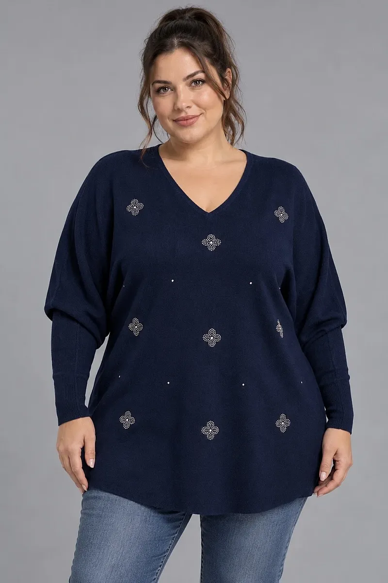 Navy Oversized Πλεκτή Μπλούζα με Στρας και Λαιμόκοψη V