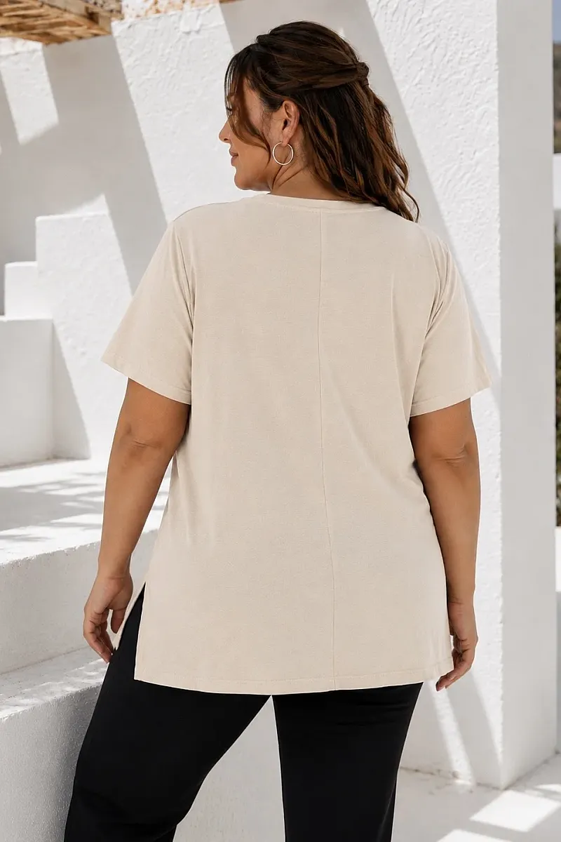 Μπεζ  T-Shirt Με Κεντημένη Στάμπα Καρδιά 