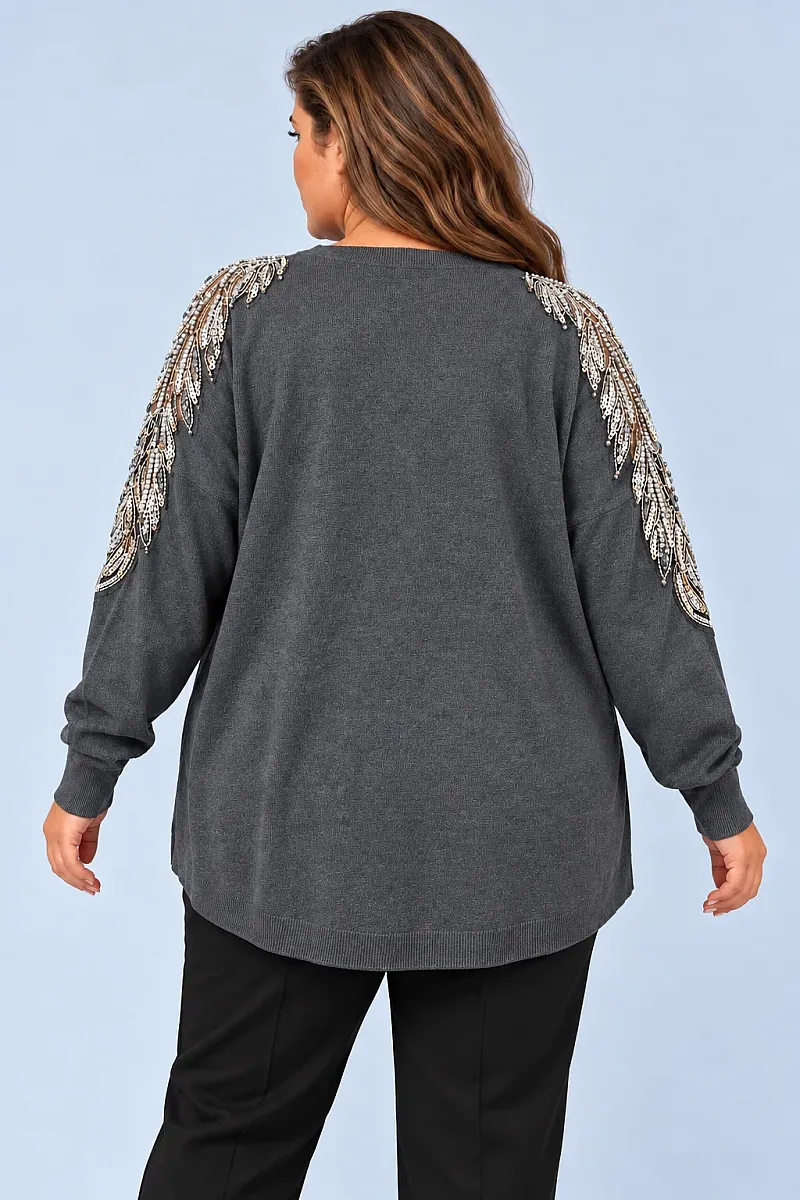 Plus Size Γκρι Πλεκτή Μπλούζα με Κέντημα στους Ώμους