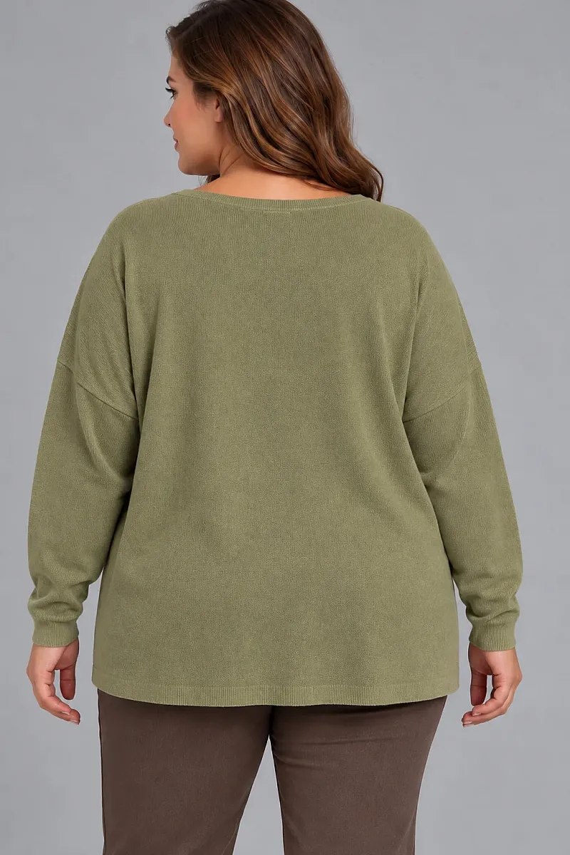 Χακί Oversized Πλεκτή Μπλούζα με Κεντημένα Λουλούδια