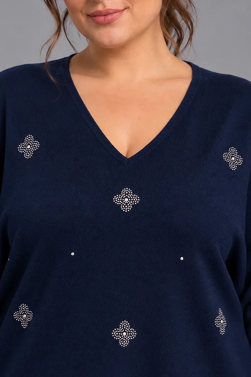 Navy Oversized Πλεκτή Μπλούζα με Στρας και Λαιμόκοψη V