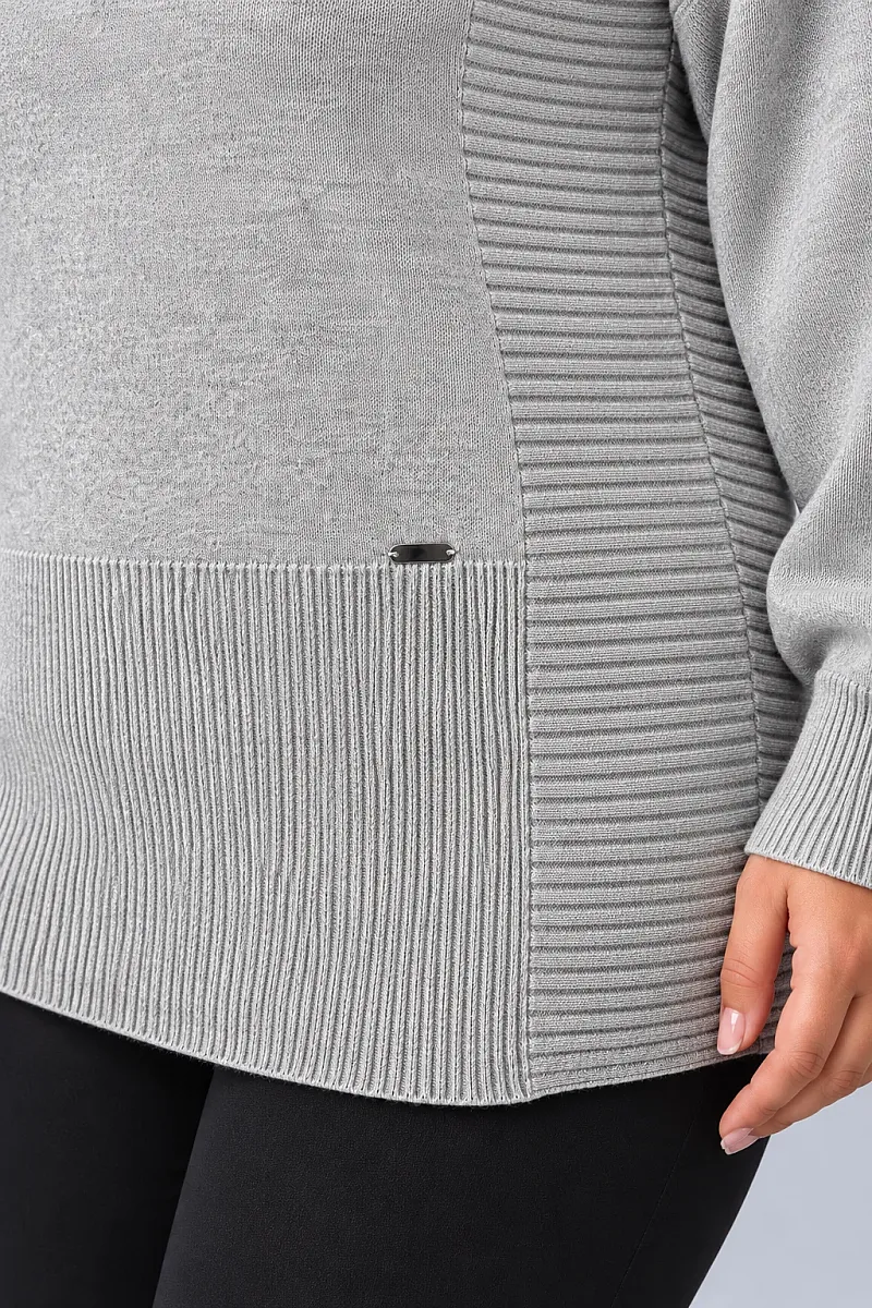Γκρι Μελανζέ Oversized Πλεκτή Μπλούζα με Ριμπ Λεπτομέρειες