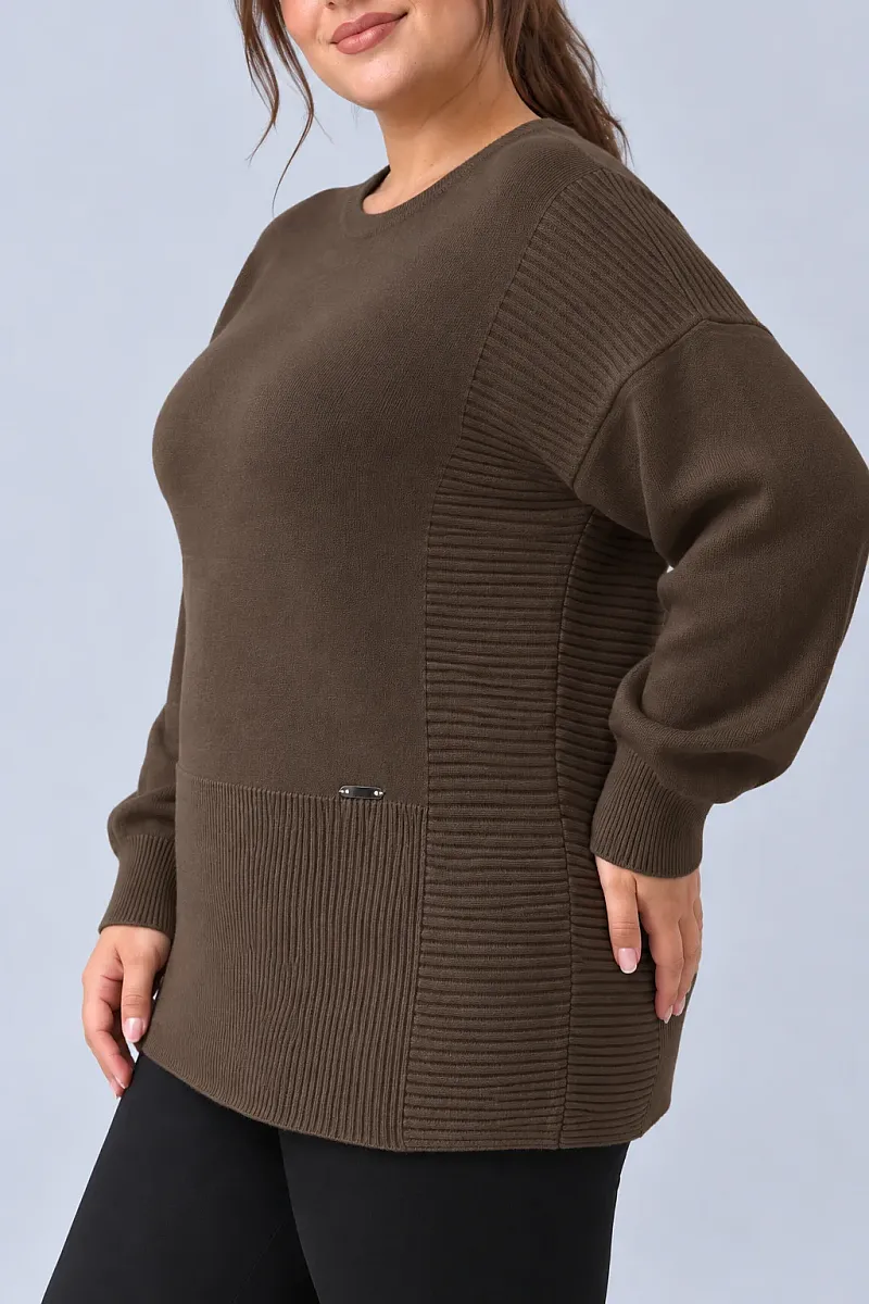 Καφέ Oversized Πλεκτή Μπλούζα με Ριμπ Λεπτομέρειες