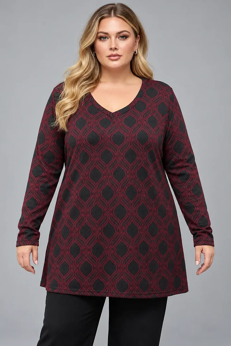 Πλεκτή Oversized Μπλούζα με Μπορντό Γεωμετρικό Μοτίβο