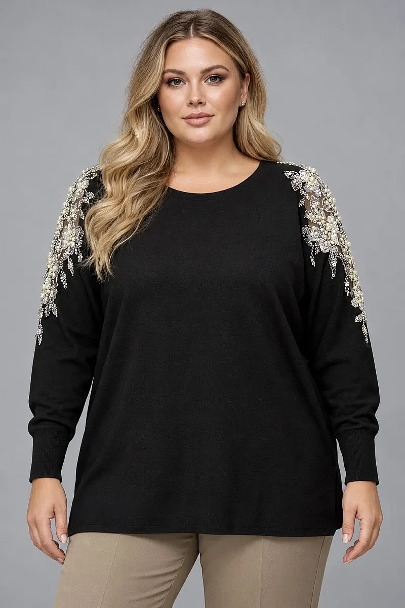 Μαύρη Plus Size Πλεκτή Μπλούζα με Κέντημα στους Ώμους