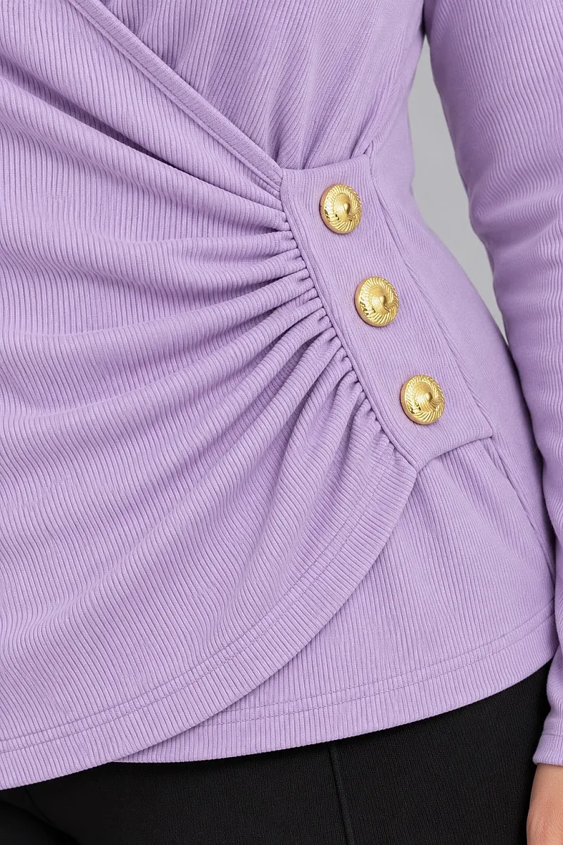 Κρουαζέ Μπλούζα Ριμπ Λιλά  με Χρυσά Κουμπιά Plus Size