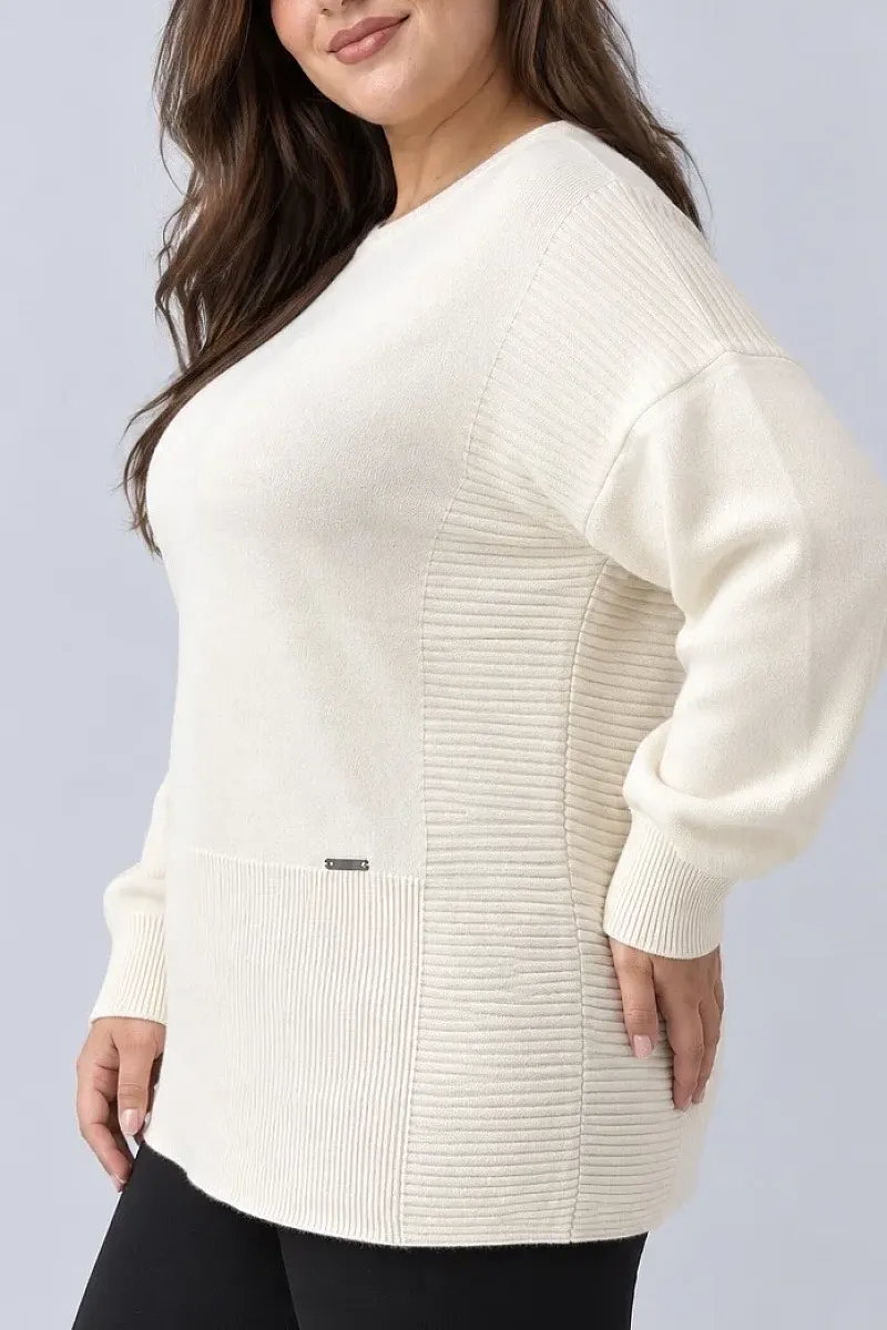 Εκρού Oversized Πλεκτή Μπλούζα με Ριμπ Λεπτομέρειες