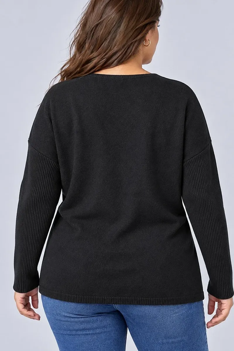 Μαύρη Πλεκτή Μπλούζα Plus Size με V και Στρας