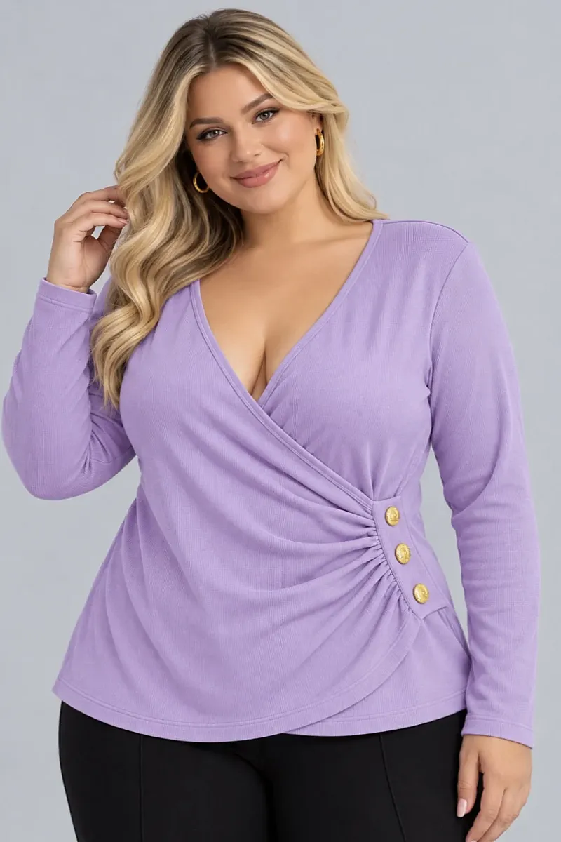 Κρουαζέ Μπλούζα Ριμπ Λιλά  με Χρυσά Κουμπιά Plus Size