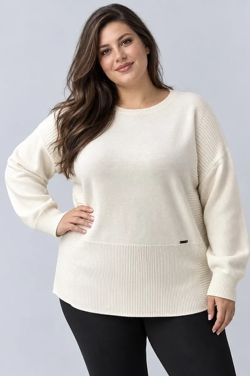 Εκρού Oversized Πλεκτή Μπλούζα με Ριμπ Λεπτομέρειες