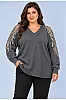 Plus Size Γκρι Πλεκτή Μπλούζα με Κέντημα στους Ώμους