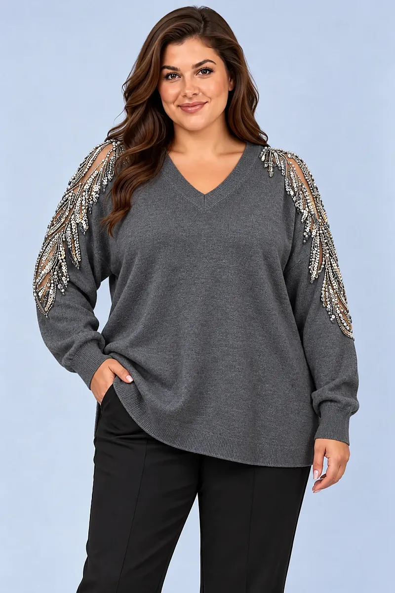 Plus Size Γκρι Πλεκτή Μπλούζα με Κέντημα στους Ώμους