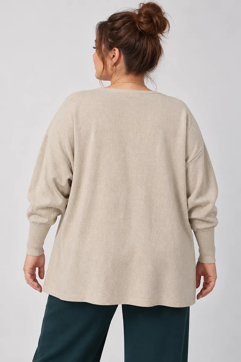 Πλεκτή Μπλούζα Oversize με Στρας και V Λαιμόκοψη Εκρού
