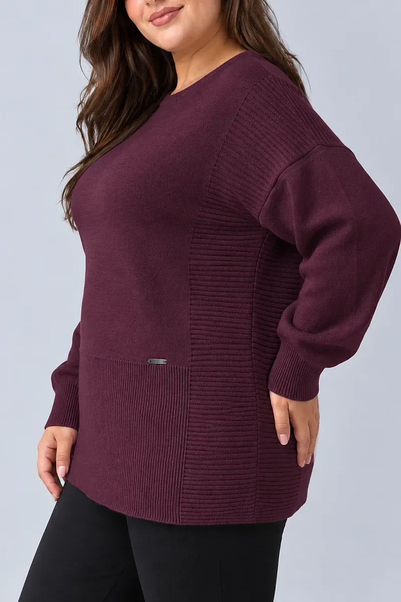 Βουργουνδί Oversized Πλεκτή Μπλούζα με Ριμπ Λεπτομέρειες