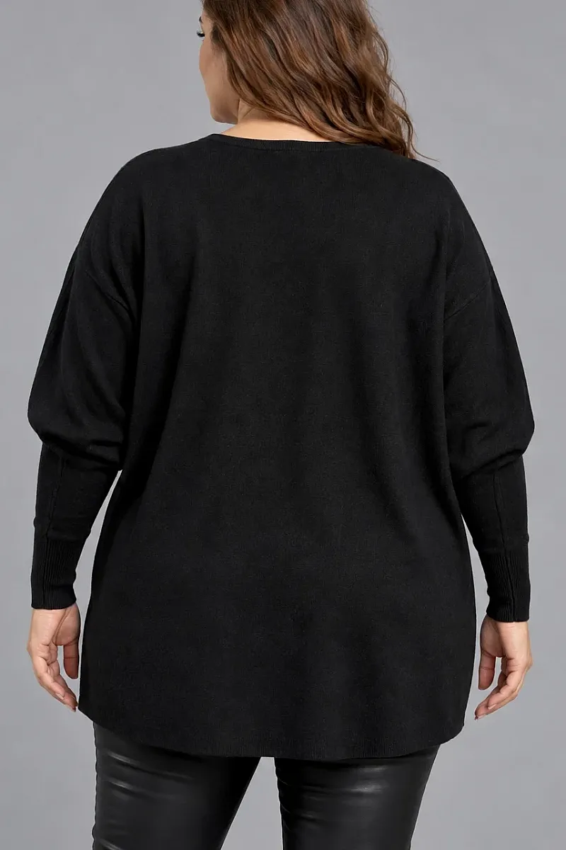 Μαύρη Oversized Πλεκτή Μπλούζα με Στρας και Λαιμόκοψη V