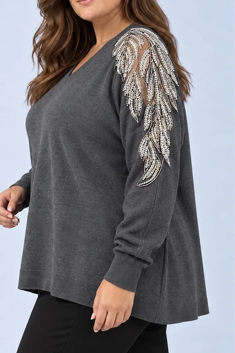 Plus Size Γκρι Πλεκτή Μπλούζα με Κέντημα στους Ώμους