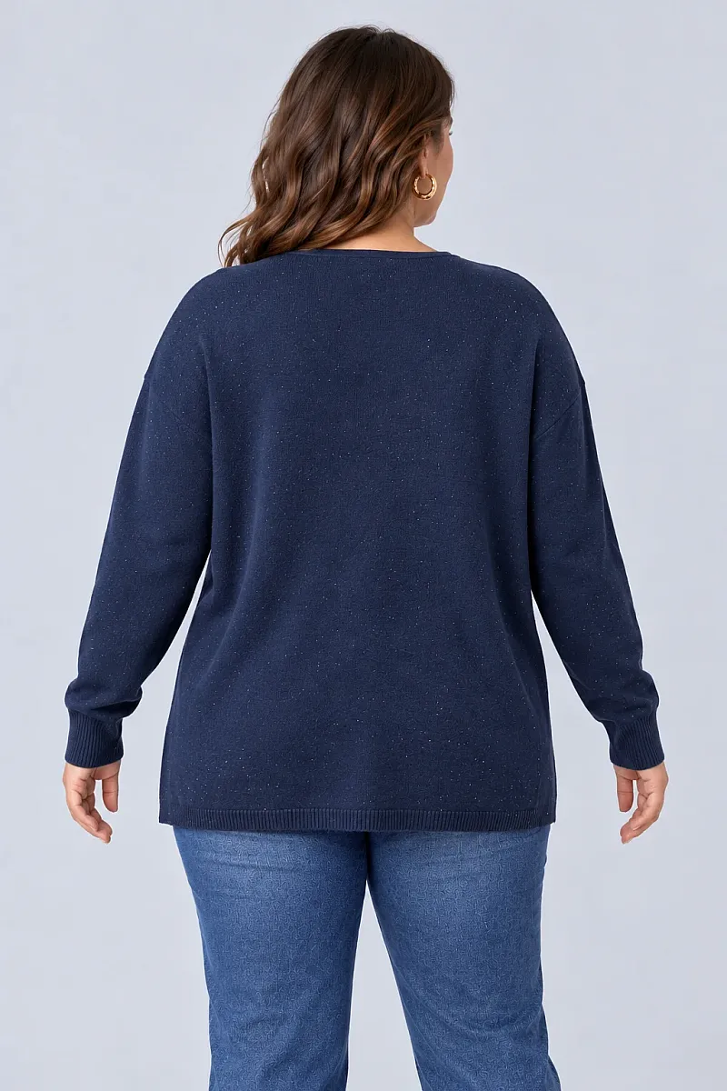 Navy Πλεκτή Μπλούζα με Λάμψη και Πλαϊνά Κουμπιά
