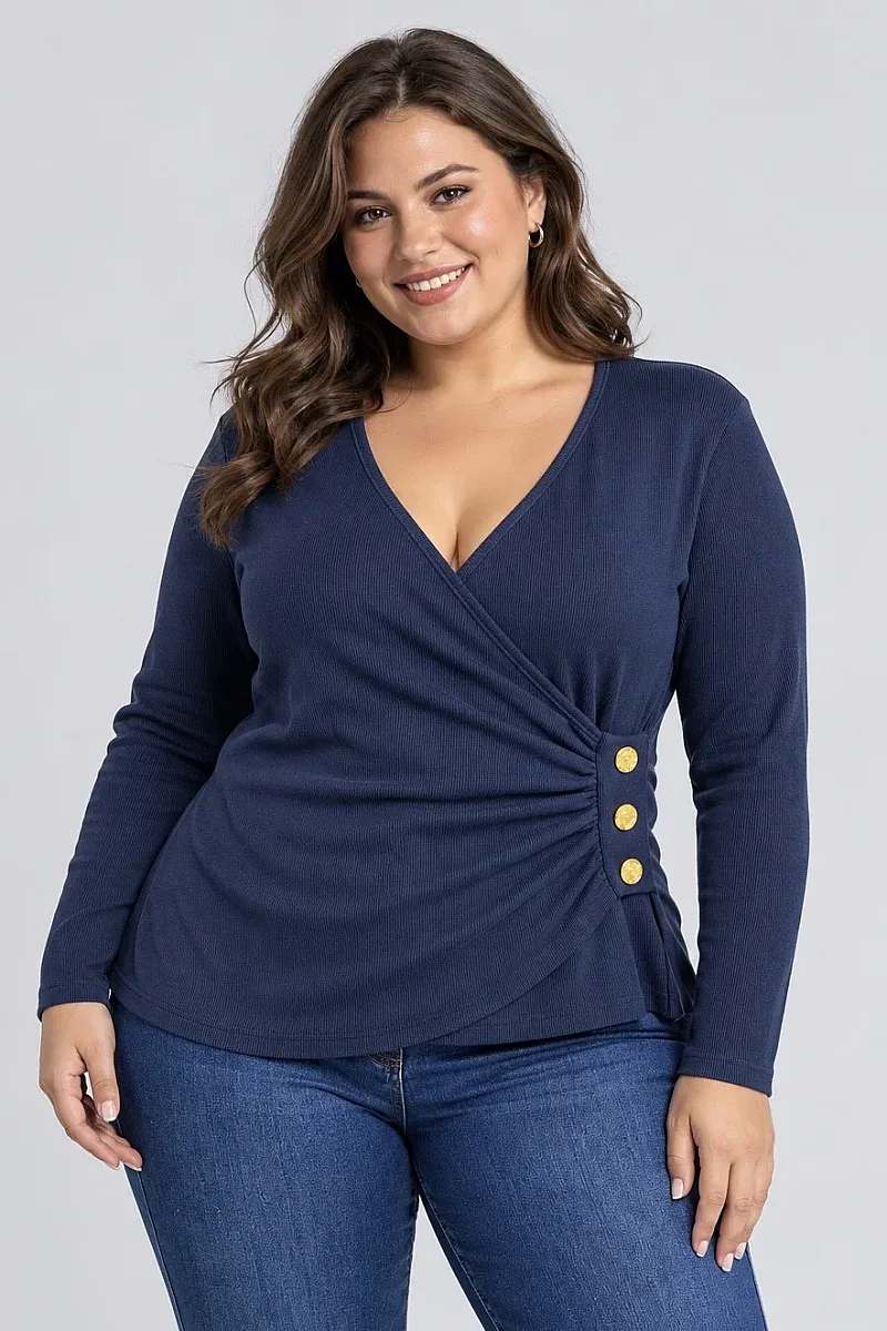 Navy Κρουαζέ Μπλούζα Ριμπ με Χρυσά Κουμπιά Plus Size