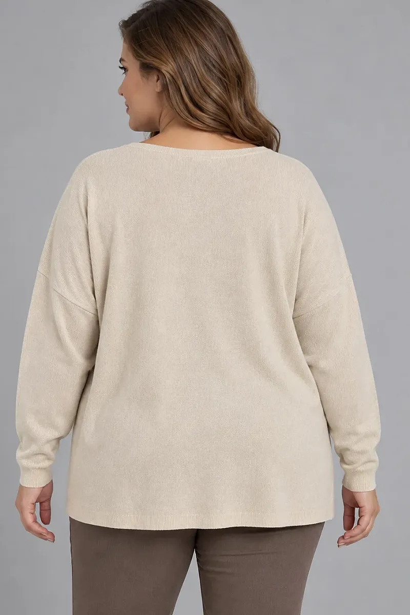 Εκρού Oversized Πλεκτή Μπλούζα με Κεντημένα Λουλούδια