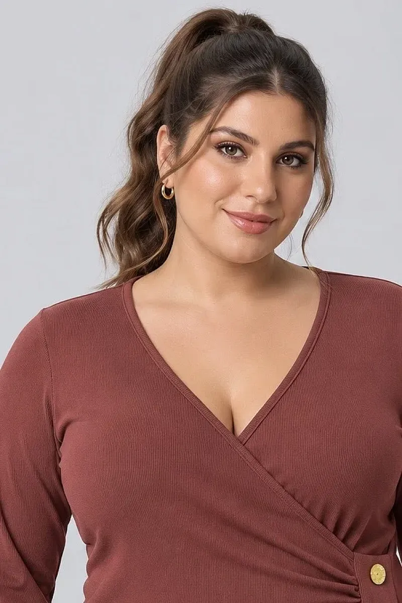 Κρουαζέ Εκάι Μπλούζα Ριμπ με Χρυσά Κουμπιά Plus Size