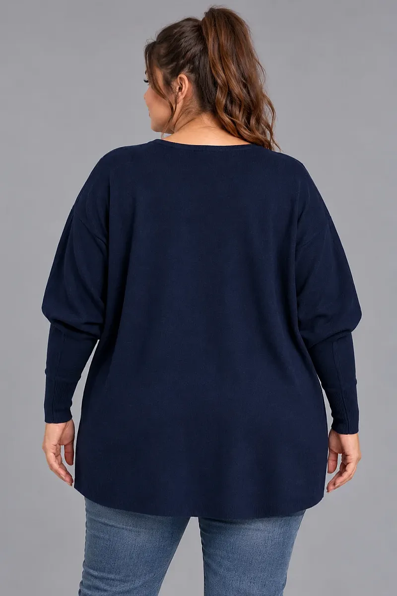 Navy Oversized Πλεκτή Μπλούζα με Στρας και Λαιμόκοψη V