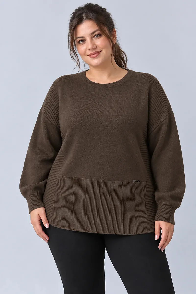 Καφέ Oversized Πλεκτή Μπλούζα με Ριμπ Λεπτομέρειες