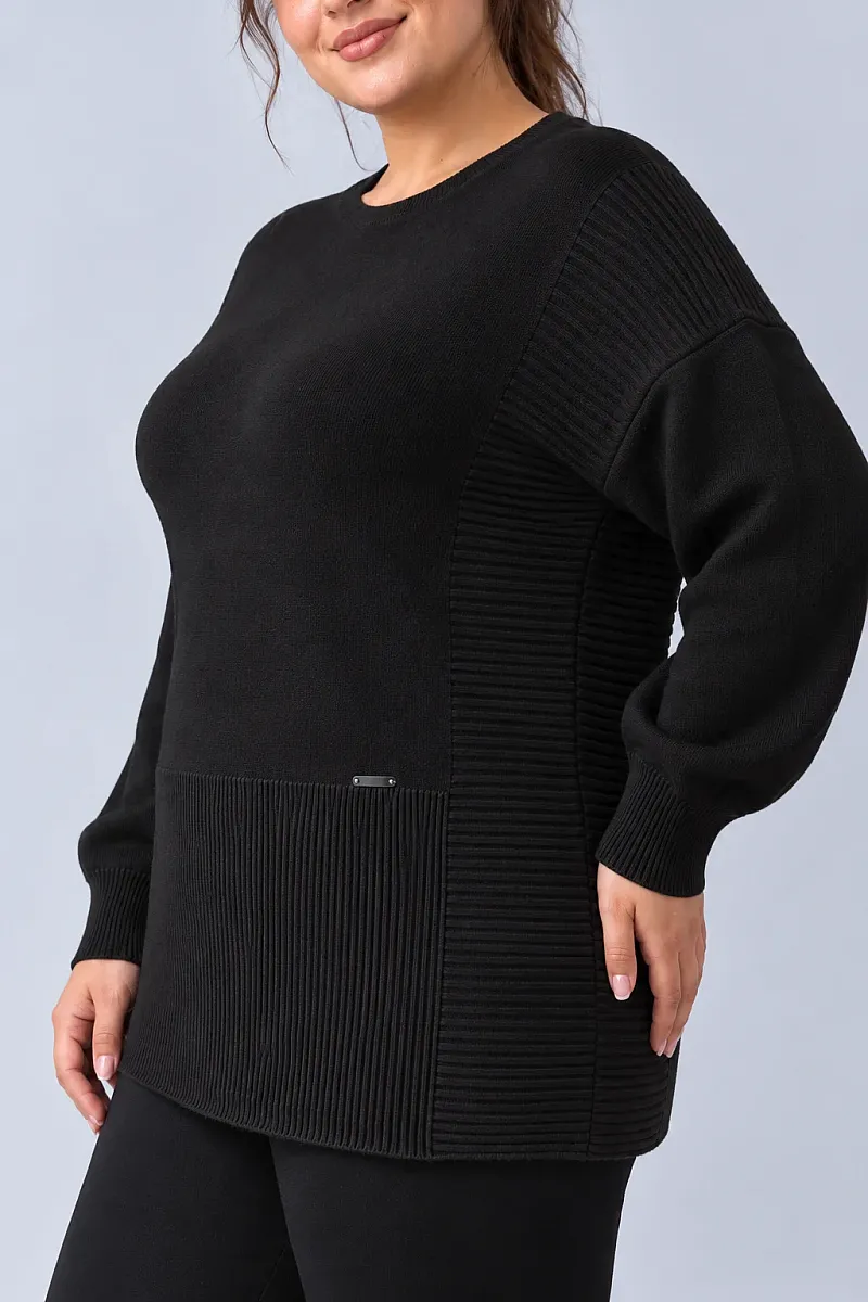 Μαύρη Oversized Πλεκτή Μπλούζα με Ριμπ Λεπτομέρειες