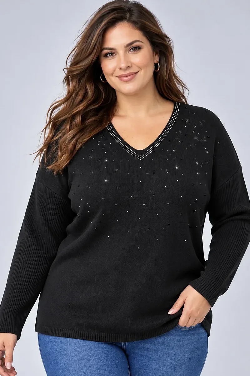 Μαύρη Πλεκτή Μπλούζα Plus Size με V και Στρας