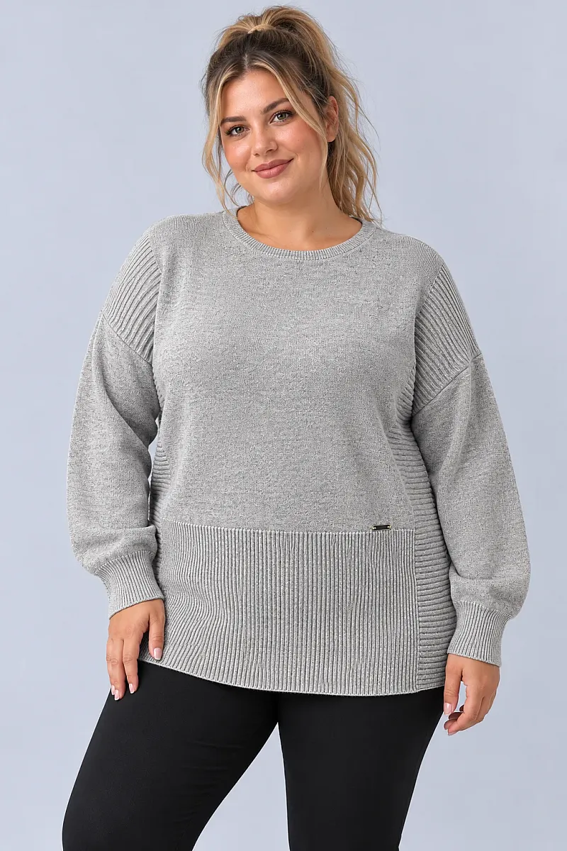 Γκρι Μελανζέ Oversized Πλεκτή Μπλούζα με Ριμπ Λεπτομέρειες