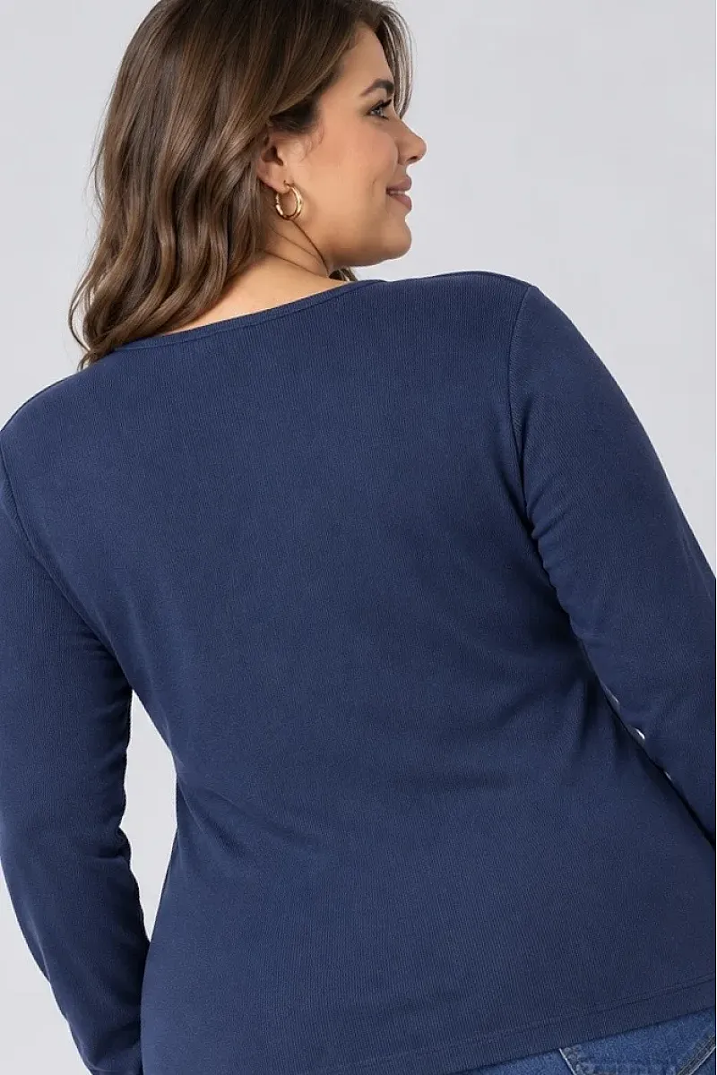 Navy Κρουαζέ Μπλούζα Ριμπ με Χρυσά Κουμπιά Plus Size