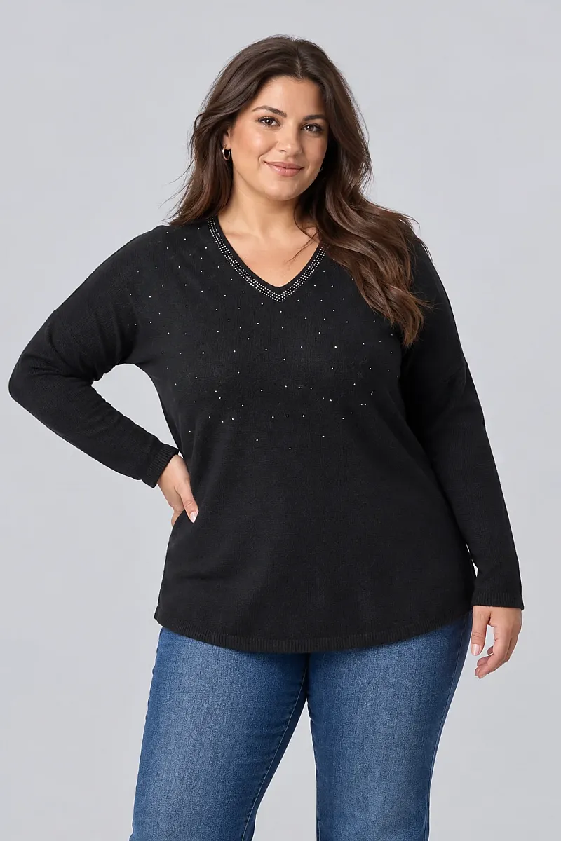 Μαύρη Πλεκτή Μπλούζα Plus Size με V και Στρας