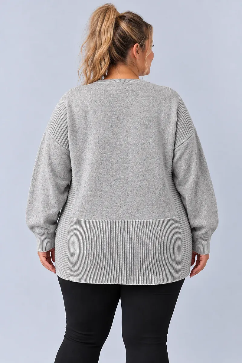 Γκρι Μελανζέ Oversized Πλεκτή Μπλούζα με Ριμπ Λεπτομέρειες