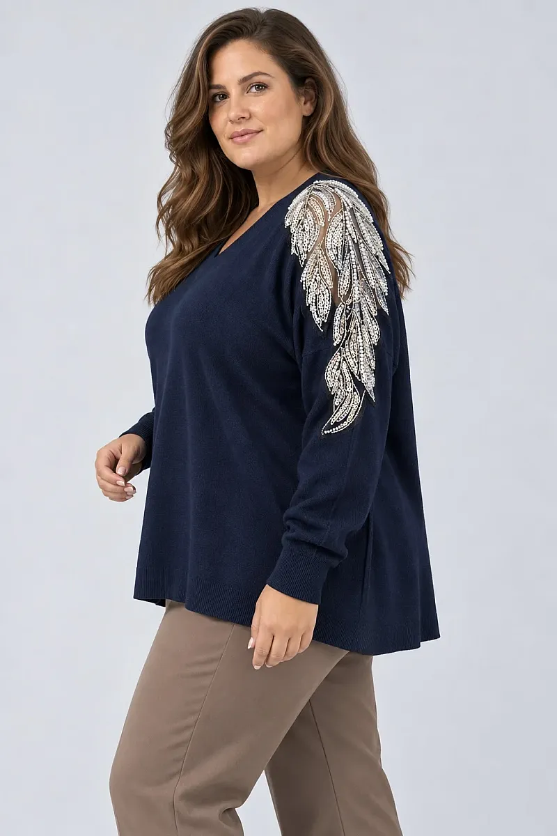 Plus Size Μπλε Πλεκτή Μπλούζα με Κέντημα στους Ώμους