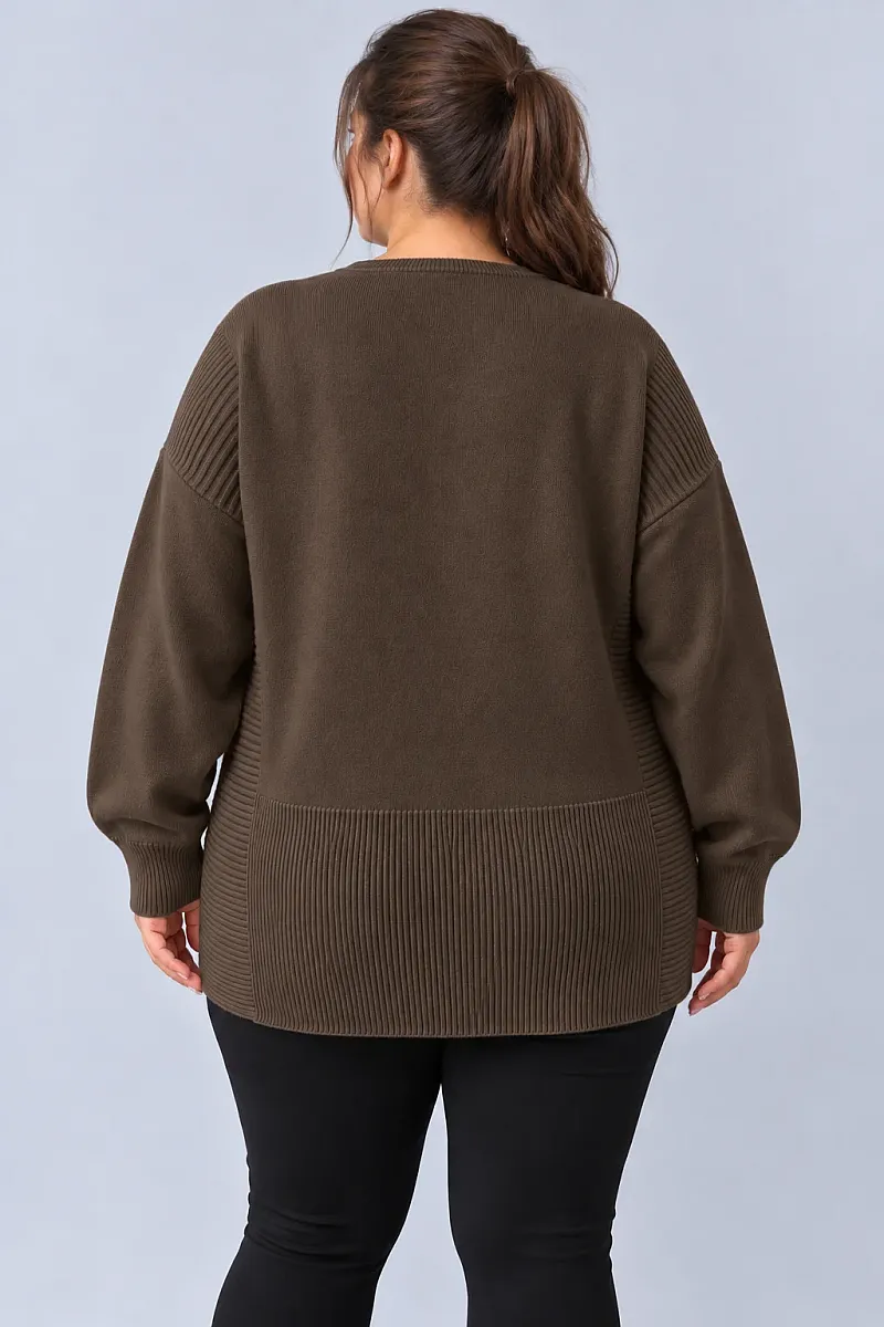 Καφέ Oversized Πλεκτή Μπλούζα με Ριμπ Λεπτομέρειες