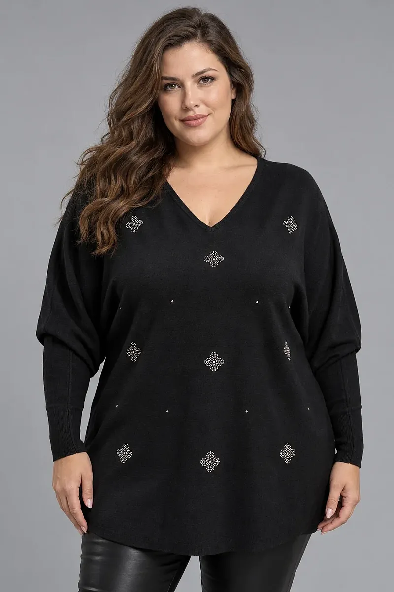 Μαύρη Oversized Πλεκτή Μπλούζα με Στρας και Λαιμόκοψη V