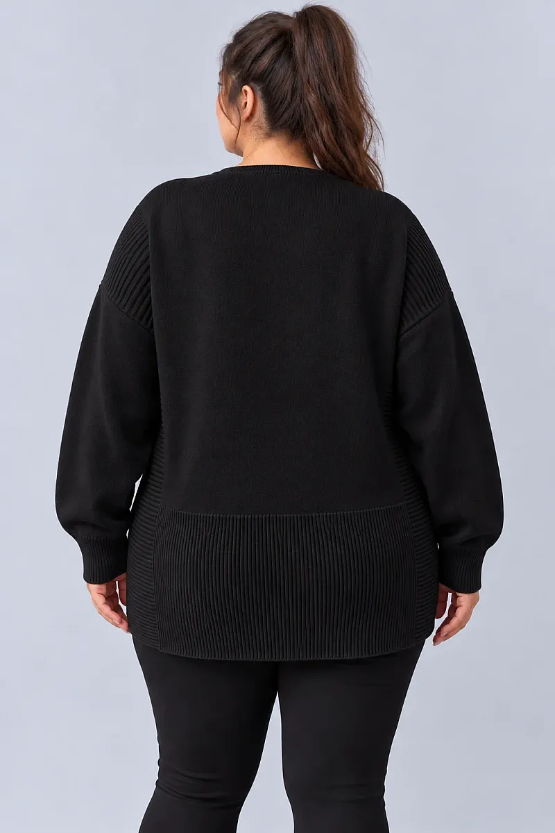 Μαύρη Oversized Πλεκτή Μπλούζα με Ριμπ Λεπτομέρειες