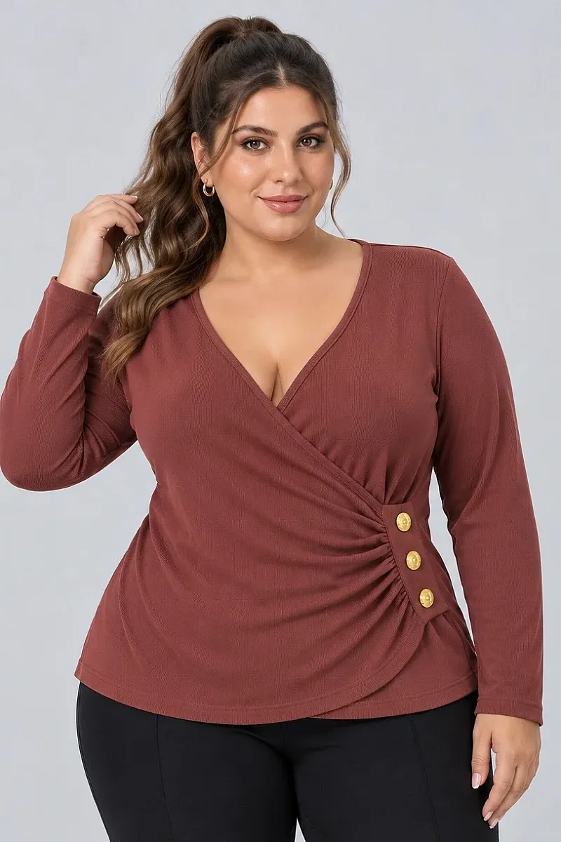 Κρουαζέ Εκάι Μπλούζα Ριμπ με Χρυσά Κουμπιά Plus Size