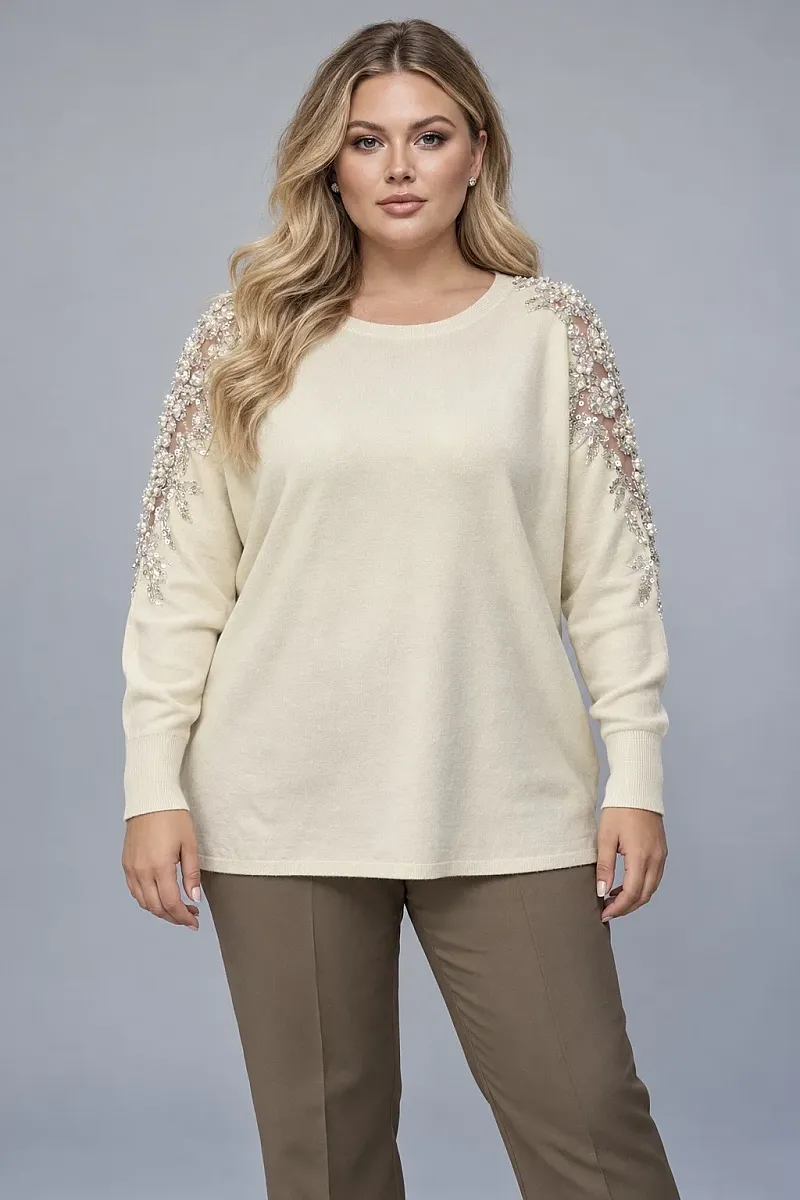 Plus Size Πλεκτή Μπλούζα με Κέντημα στους Ώμους