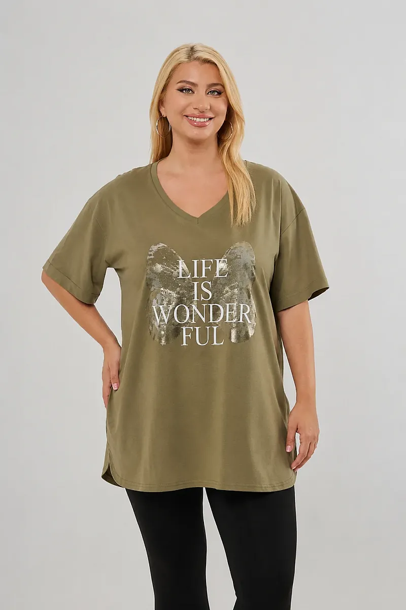 Χακί Plus Size T-Shirt Butterfly 