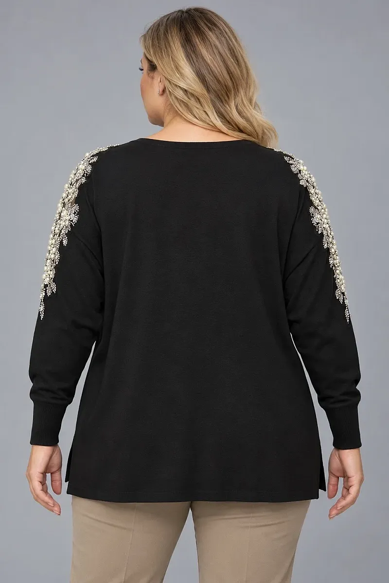 Μαύρη Plus Size Πλεκτή Μπλούζα με Κέντημα στους Ώμους