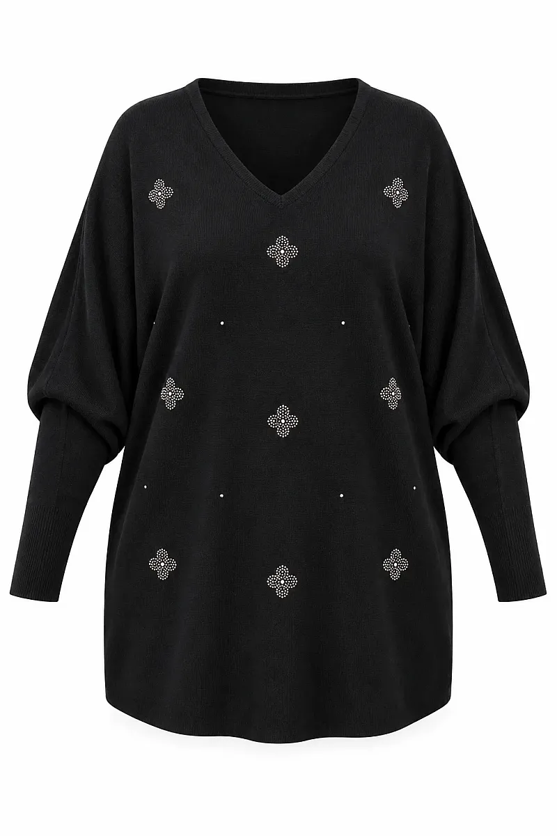 Μαύρη Oversized Πλεκτή Μπλούζα με Στρας και Λαιμόκοψη V