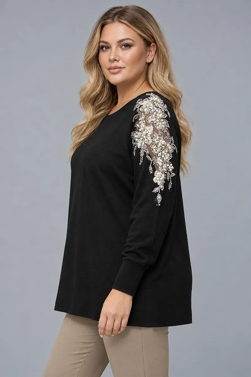 Μαύρη Plus Size Πλεκτή Μπλούζα με Κέντημα στους Ώμους