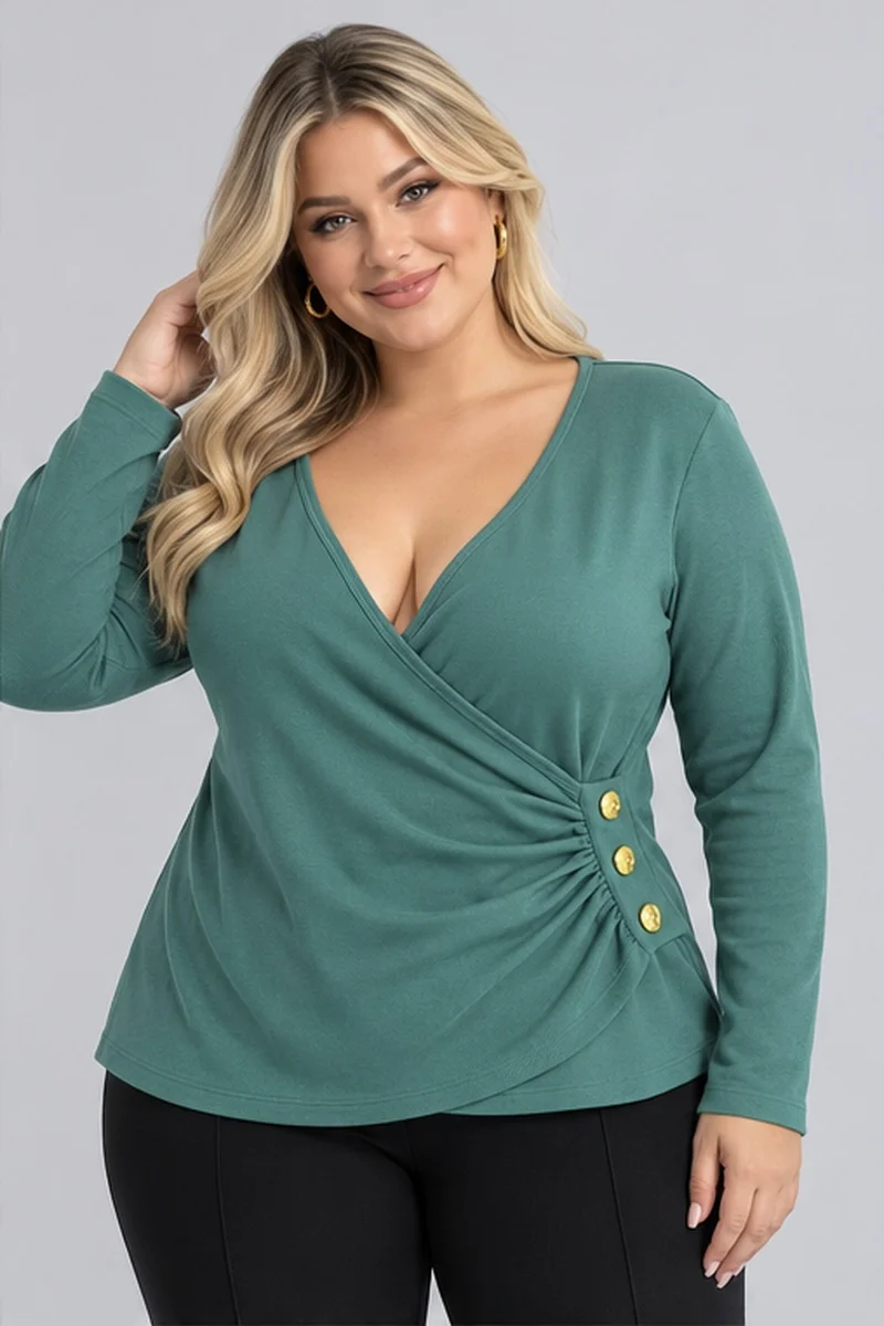 Κρουαζέ Μπλούζα Ριμπ με Χρυσά Κουμπιά Plus Size