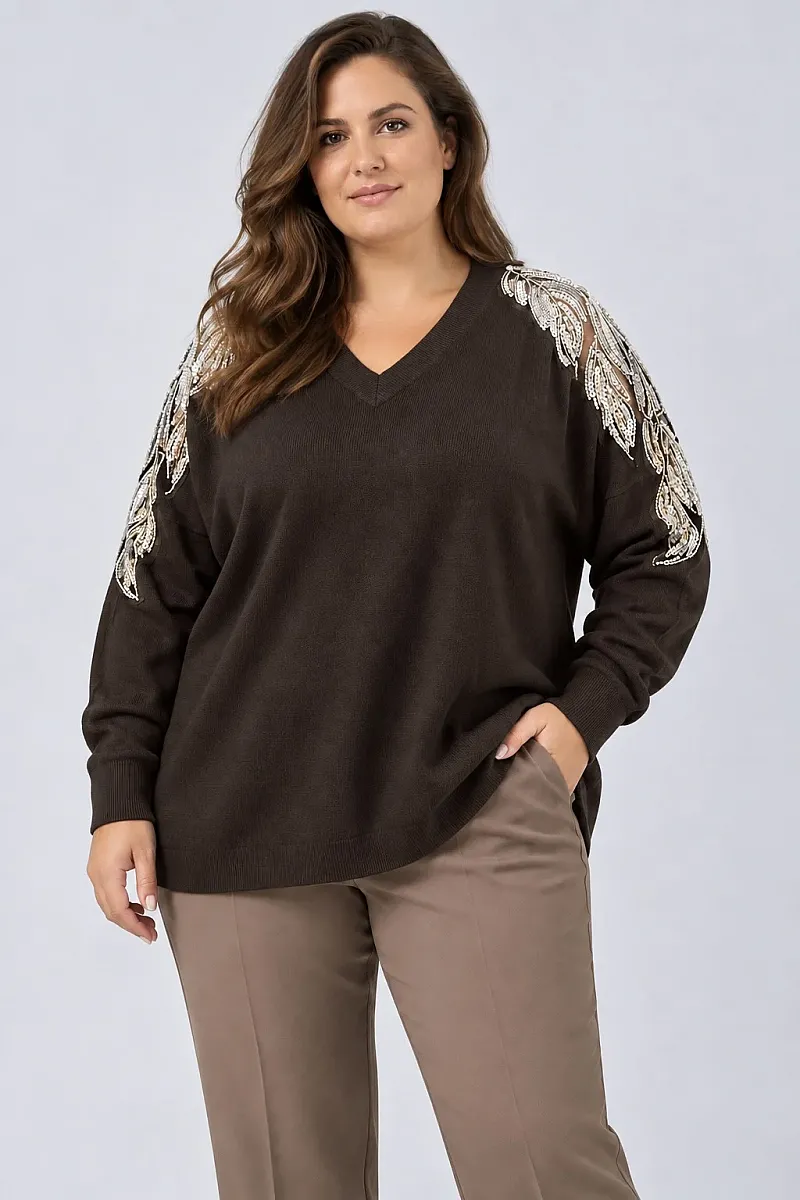 Plus Size  Σοκολατί Πλεκτή Μπλούζα με Κέντημα στους Ώμους