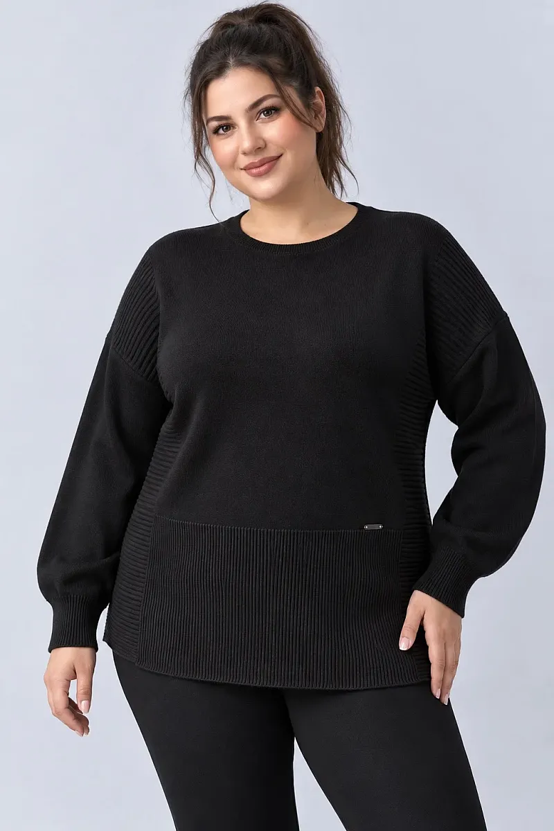 Μαύρη Oversized Πλεκτή Μπλούζα με Ριμπ Λεπτομέρειες