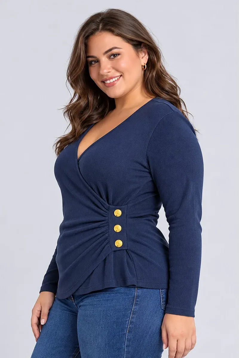 Navy Κρουαζέ Μπλούζα Ριμπ με Χρυσά Κουμπιά Plus Size
